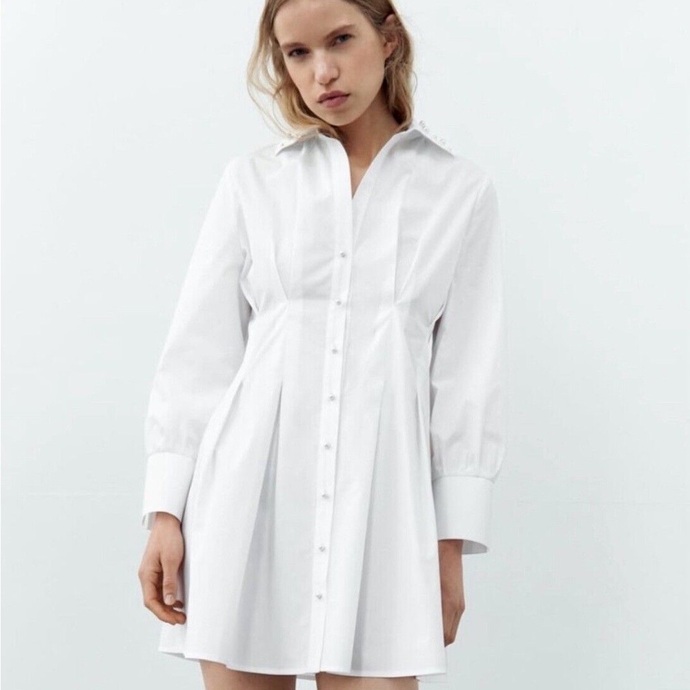 NWT Zara Pearl Appliqué Poplin Pearl Dress White